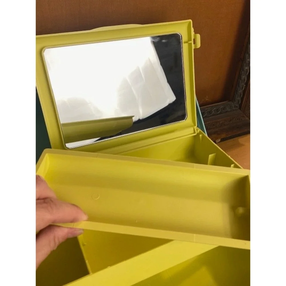 Vintage Caboodles Makeup Organizer Case Blue Yellow Two Tone Mirror 90s Retro